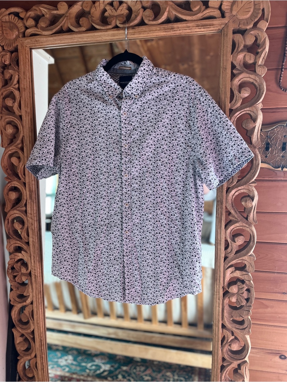 Denim & Flower White Short-Sleeve Button-Down with Navy Micro Print